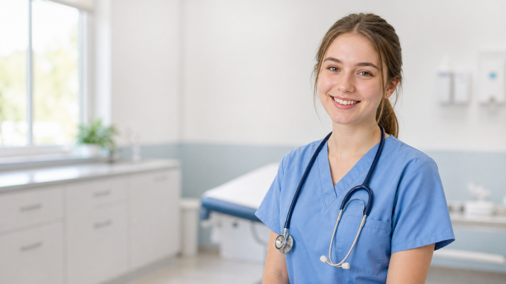 A nursing student at her desk