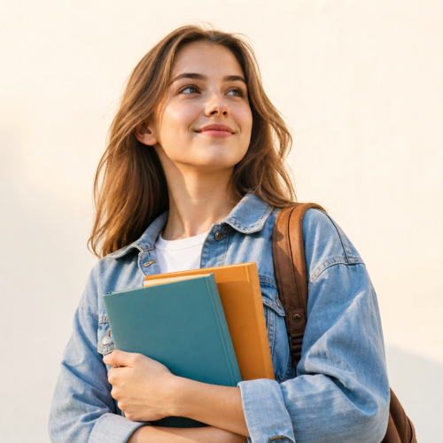A smiling teenager holding her books